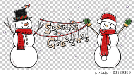 Two snowmen print styles that hang the letters Season's Greetings against the backdrop of falling snow Two snowmen print styles that hang the letters Season's Greetings against the backdrop of falling snow 83589399