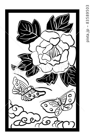 花札のイラスト モノクロ白黒 線画 バラ単枚 6月牡丹に蝶 日本のカードゲームのイラスト素材 5503