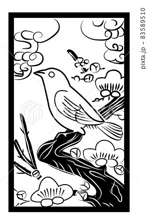 花札のイラスト モノクロ白黒 線画 バラ単枚 2月梅にウグイス鶯 日本のカードゲームのイラスト素材 5510