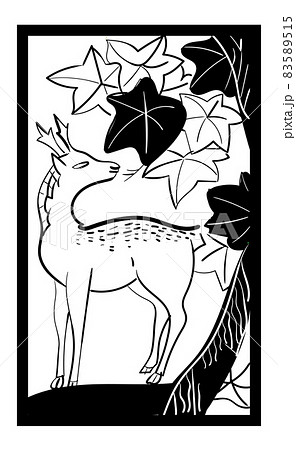 花札のイラスト モノクロ白黒 線画 バラ単枚 10月紅葉と鹿 日本のカードゲームのイラスト素材 5515