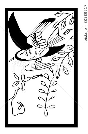 花札のイラスト モノクロ白黒 線画 バラ単枚 4月藤に不如帰 日本のカードゲームのイラスト素材 5517