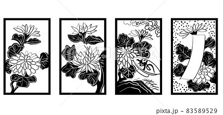 花札のイラストセット モノクロ白黒 線画 9月菊 日本のカードゲームのイラスト素材 5529