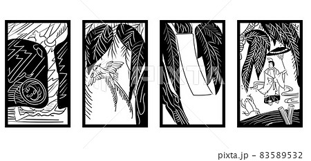 花札のイラストセット　モノクロ白黒　線画　｜11月柳｜日本のカードゲーム 83589532