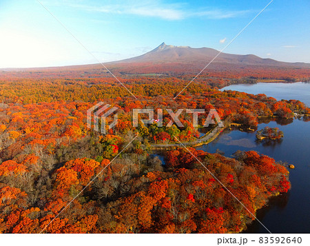 秋の北海道七飯町大沼で大沼公園の紅葉の風景を空撮 83592640