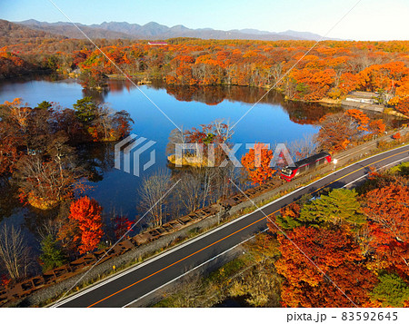 秋の北海道七飯町大沼で大沼公園の紅葉の風景を空撮 秋の北海道七飯町大沼で大沼公園の紅葉の風景を空撮 83592645