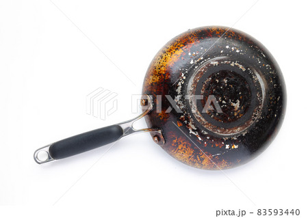 Back view of an old non stick fry pan 83593440