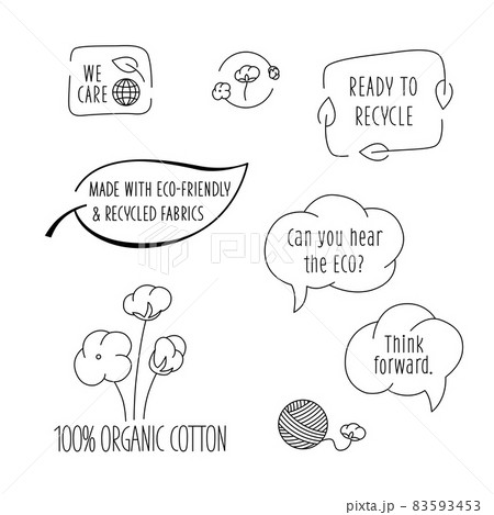 Sustainable fibers logo elements set with sign for eco friendly, natural fabric product, clothing packaging. Vector stock illustration isolated on white background. EPS10 83593453