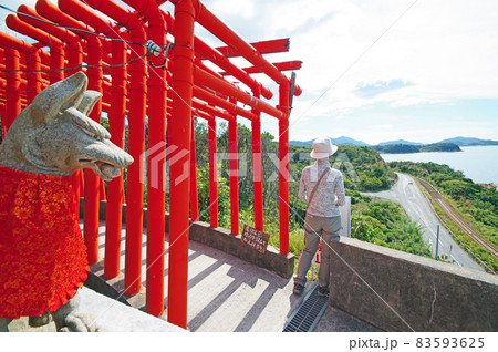 山口県下関市の福徳稲荷神社にある朱塗りの千本鳥居と響灘 山口県下関市の福徳稲荷神社にある朱塗りの千本鳥居と響灘 83593625