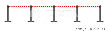 Realistic vector retractable belt stanchion. Crowd control barrier posts with caution strap. Queue 83594541