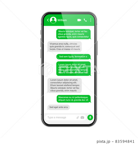 Realistic smartphone with messaging app. SMS text frame. Conversation chat screen with green message Realistic smartphone with messaging app. SMS text frame. Conversation chat screen with green message 83594841