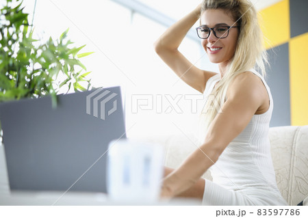 Charming employee in white dress 83597786