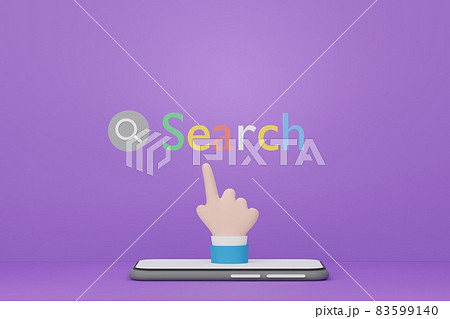 3d minimal cartoon hand that finger pointing at search text button on purple background. 83599140