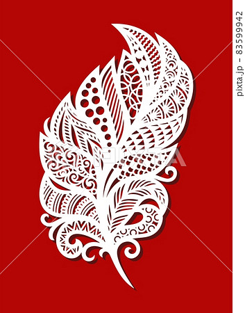 Decorative stylized feather, leaf, quill. Openwork ornament of curls, beautiful folk motives, ethnic patterns. Template for plotter laser cutting of paper, plywood, metal engraving, wood carving, cnc. 83599942