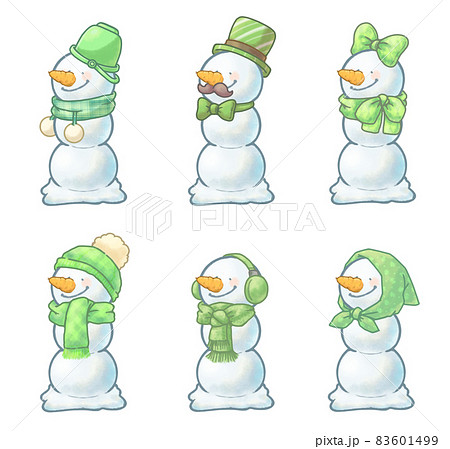 冬のニンジン鼻の3段雪だるまさん 6種類セット グリーンverのイラスト素材