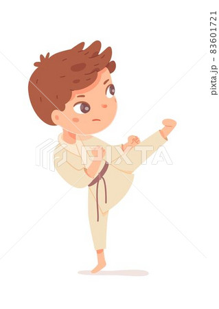 Boy playing karate. Happy kid doing healthy exercise vector illustration. Cute child in kimono striking with leg up, ready in position isolated on white background. Sport class 83601721