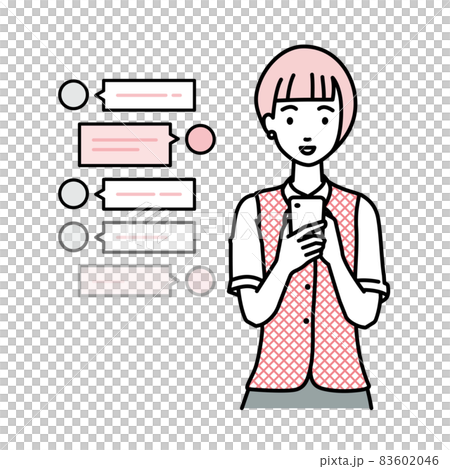 立ってスマートフォンで楽しくチャットで会話する事務員制服の女性 83602046