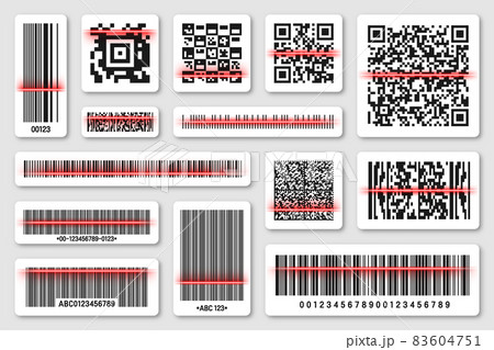 Product barcodes and QR codes with red scanning line. Identification tracking code. Serial number 83604751