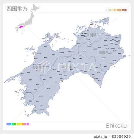 四国地方の地図・Shikoku・市町村名