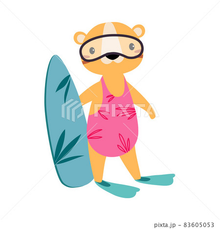 Cute African Tiger Animal in Swimsuit and Flippers Standing with Surfboard Enjoying Hot Summer Activity Vector Illustration Cute African Tiger Animal in Swimsuit and Flippers Standing with Surfboard Enjoying Hot Summer Activity Vector Illustration 83605053