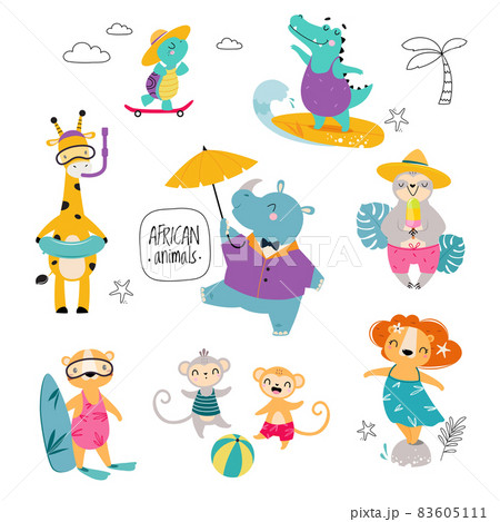 Cute African Animal Enjoying Hot Summer Activity Eating Ice Cream and Surfboarding Vector Set 83605111