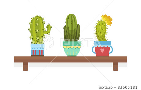 Cactus or Cacti as Plant with Leafless, Spiny Stem Growing in Flowerpot Rested on Wooden Shelf Vector Illustration 83605181
