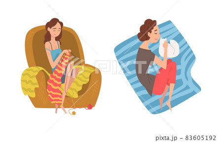 Young Woman Sitting in Armchair and Knitting with Needle and Stroking Cat Pet Vector Set Young Woman Sitting in Armchair and Knitting with Needle and Stroking Cat Pet Vector Set 83605192