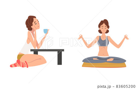 Young Woman with Cup Drinking Tea and Meditating in Yoga Lotus Pose Vector Set 83605200