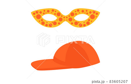 Red Baseball Cap with Bill and Masquerade Mask Vector Set 83605207