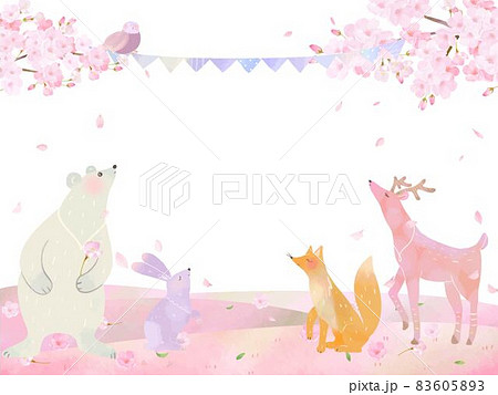 森の動物が満開の桜の木の下にいる春の北欧風かわいいフレームイラストベクター素材 のイラスト素材 6053