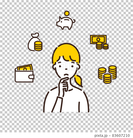 お金について考えている女性のイラスト お金について考えている女性のイラスト 83607210