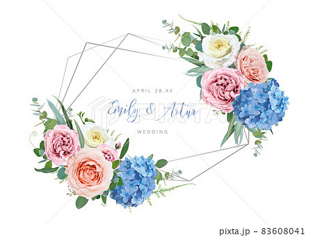 Vector spring geometrical silver frame with floral bouquet decoration. Elegant editable wedding invite, greeting template design. Blue hydrangea, peach, pink, yellow rose flowers, greenery, eucalyptus Vector spring geometrical silver frame with floral bouquet decoration. Elegant editable wedding invite, greeting template design. Blue hydrangea, peach, pink, yellow rose flowers, greenery, eucalyptus 83608041