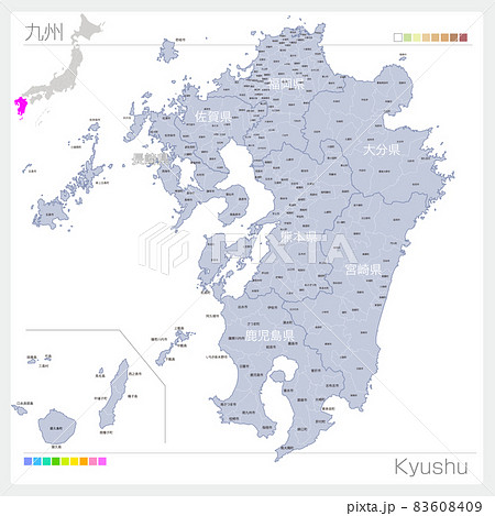 九州地方の地図・Kyushu・市町村名 83608409