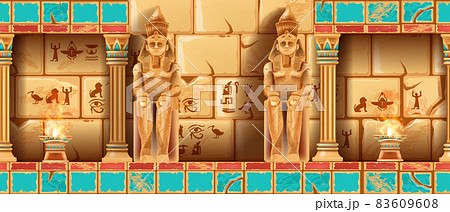 Egypt ancient temple room, vector pharaoh pyramid tomb interior, old stone column, statue.  83609608