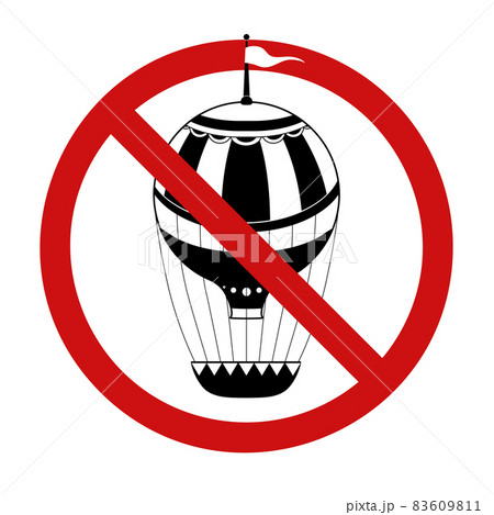 Black silhouette hot air balloon with flags in prohibition sign. Retro air transport is banned. Ban on holding festivals. Forbidden to fly. 83609811