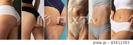 Collage made of cropped images of sportive bodies, bellies and bottocks of young women isolated on colored studio background. Collage made of cropped images of sportive bodies, bellies and bottocks of young women isolated on colored studio background. 83612365