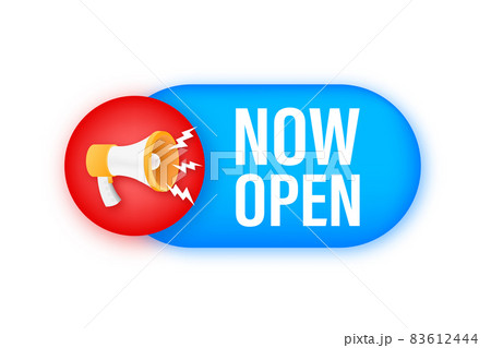 Megaphone with now open. Megaphone banner. Web design. Vector stock illustration 83612444