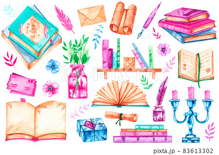 Watercolor set library, books, ink, flowers, scrolls, candelabra, flowers, gifts, branches on a white background 83613302