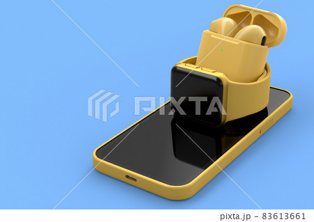 Mockup of smart watches and wireless bluetooth headphones lying on smartphone. 83613661