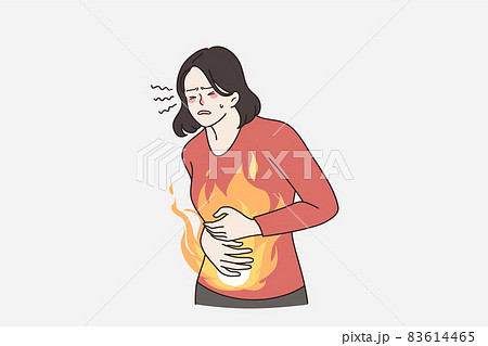Unhealthy woman suffer from acute abdominal pain  83614465