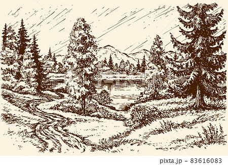 Path to the lake. Vector scenery 83616083
