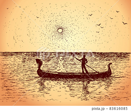 Gondolier floats on gondola. Vector sketch 83616085