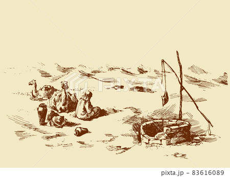 Man and camels at withered well in desert. Vector drawing 83616089