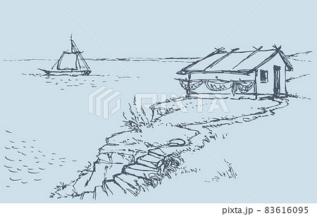 Vector landscape. Fisherman's hut on a cliff near sea 83616095