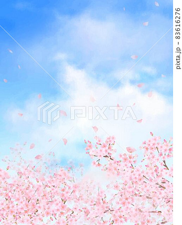 美しく華やかな桜の花と花びら舞い散る春の爽やか青空に雲のフレーム背景ベクター素材イラストのイラスト素材