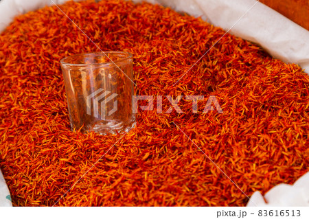 Shafran spice on the bazaar in an Arab country. A healthy addition to food, dried seasoning. 83616513