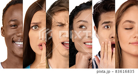 Smiling, angry, calm young diverse friends show silence sign, shock gesture on white background 83616835