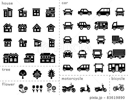 家と車と二輪車と植物のアイコンセット(シルエット)分類バージョン 83619890