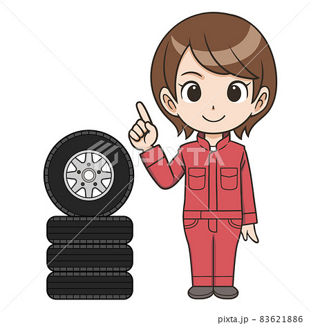 タイヤを説明している整備士の女性 83621886