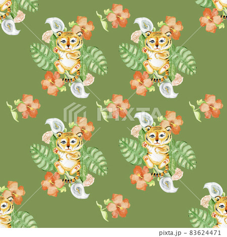 Seamless Pattern Cute Tigers Watercolor Tropical Plants Fabric Digital Paper Seamless Pattern Cute Tigers Watercolor Tropical Plants Fabric Digital Paper 83624471