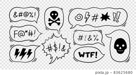 Comic speech bubble with swear words symbols. Hand drawn speech bubble with curses, lightning, skull, bomb and bones. Vector illustration isolated in doodle style on transparent background 83625680